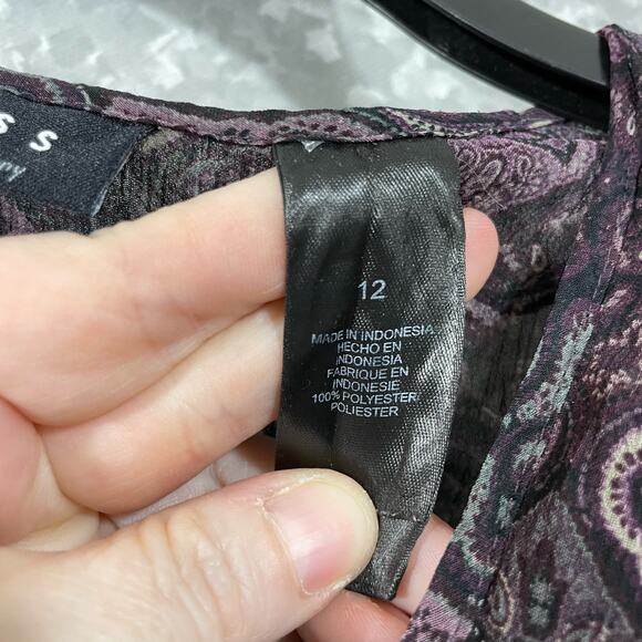 Axcess Purple Paisley Semi Sheer Ruffle Front Blouse - Size 12 - Long Sleeve Top - Picture 6 of 7